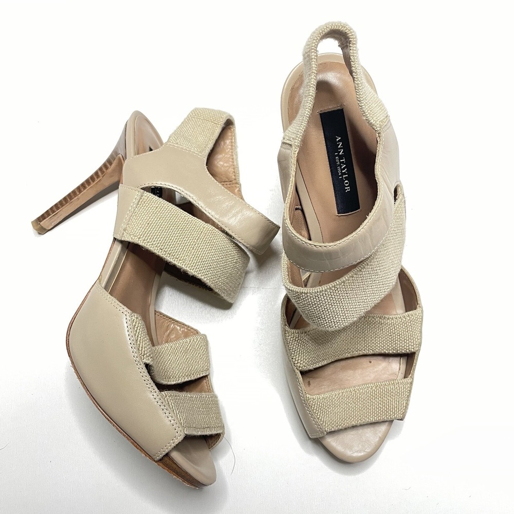 Ann Taylor Women's 7M Nude Tan Leather Fabric Ankle Strap High Heel Sandals